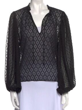 Alice + Olivia Black Sheer Geometric Blouse with Balloon Sleeves NWT